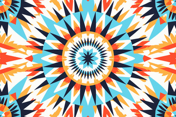 Aztec Ikat sunburst seamless pattern, Radiant tribal-inspired fabric motif. For texture textile background backdrop tile wallpaper carpet batik.