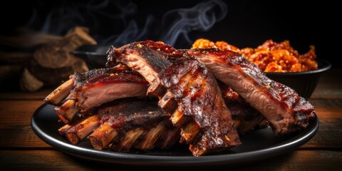 A rustic image showcasing a plate of BBQ ribs, their surface adorned with crispy and slightly burnt ends, enticingly revealing layers of tender meat, carefully smoked, imparting a subtle