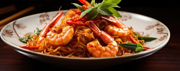 An artistic presentation of Pad Thai, featuring a delightful combination of stirfried shrimp and julienned carrots. The noodles are coated in a velvety sauce made from soy sauce, tamarind,