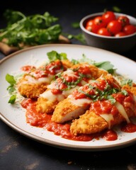 An exemplary dish of goldenbrown, breaded chicken escalopes adorned with a vibrant and tangy tomato sauce that adds a lively kick, made even more delectable with the addition of gooey melted