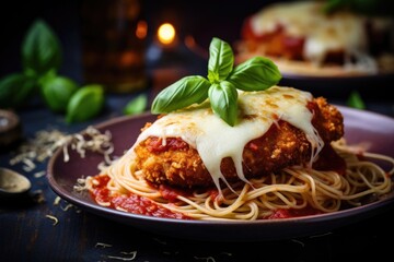 This chicken Parmesan encapsulates the epitome of comfort food juicy, breaded chicken fillets topped with a vibrant tomato sauce and a blanket of gooey melted cheese, served alongside a
