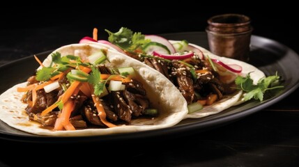 In this vibrant depiction, a fusion of East meets West can be seen in a Koreanstyle bulgogi taco. Thinly sliced marinated beef is grilled to perfection, boasting a deep caramel color. Freshly