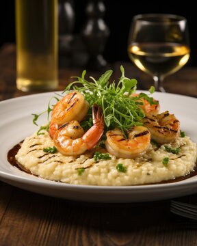 A tantalizing image showcases shrimp scampi nestled on a vibrant bed of creamy cauliflower risotto, drizzled with truffleinfused oil and sprinkled with delicate microgreens, emphasizing