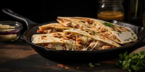 A mouthwatering image of a steaming chicken quesadilla freshly prepared on a traditional castiron skillet, capturing the essence of its caramelized exterior, while allowing a glimpse of