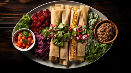 A topdown view reveals a platter of beef tamales, accompanied by vibrant garnishes such as freshly chopped cilantro and a zesty homemade salsa, adding color and freshness to the composition.