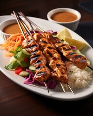 Indulge in a delightful array of chicken satay, where each skewer showcases tender strips of marinated chicken, grilled to a smoky perfection. Accompanied by a delectable peanut dipping