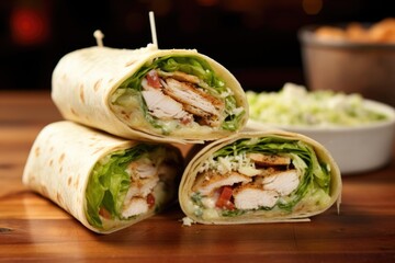 In this captivating food shot, a perfectly rolled Chicken Caesar Wrap steals the show, filled to the brim with grilled chicken. The wrap is skillfully layered with crunchy romaine lettuce, - obrazy, fototapety, plakaty