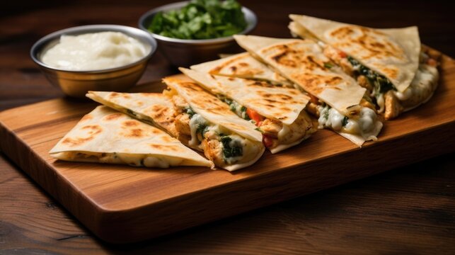 A visually appealing photograph demonstrating the versatility of a chicken quesadilla as it is artfully served as finger food on a wooden plank, with bitesized portions showcasing the tender