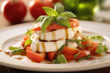 Behold this culinary delight of a chicken , showcasing a delightful filling of smooth mozzarella cheese, diced heirloom tomatoes, and delicate ribbons of fresh basil, offering a harmonious