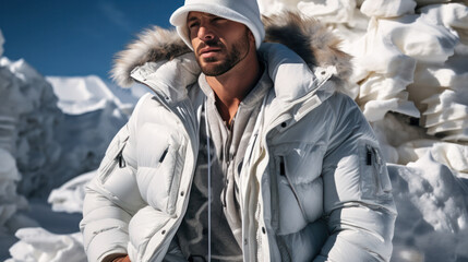 Brutal bearded man with in white glossy parka. Hipster at expensive ski resort - obrazy, fototapety, plakaty