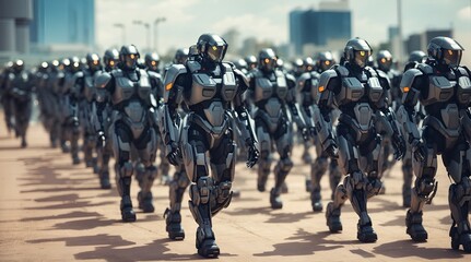 隊列を組む未来の軍事ロボット｜Futuristic military robots forming a formation. Generative AI - obrazy, fototapety, plakaty