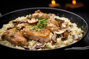  lens captures an appetizing closeup of a creamy chicken and mushroom risotto, garnished with a sprinkle of freshly cracked black pepper. The risotto boasts a decadent texture,