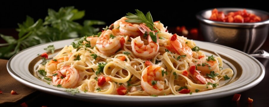 A captivating image showcasing a symphony of flavors in a shrimp and crab pasta Alfredo, with the delicate sweetness of tender shrimp and succulent crab imparting a burst of seafood goodness