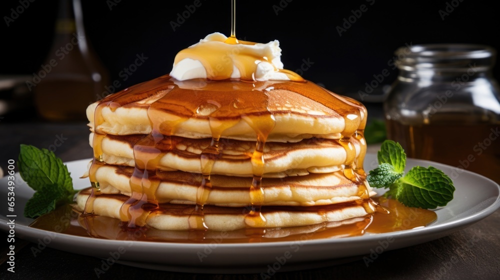 Poster a sumptuous photograph displaying a stack of fluffy pancakes drizzled with a generous amount of mapl