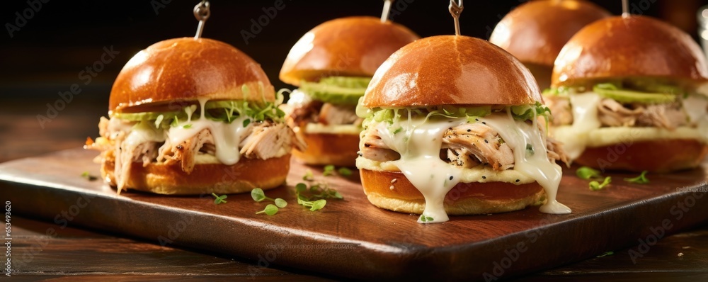 Wall mural A colorful arrangement of turkey sliders takes center stage in this image, with each mini sandwich boasting a juicy turkey patty, melted cheese, crisp lettuce, and a dollop of zesty aioli. - Wall murals