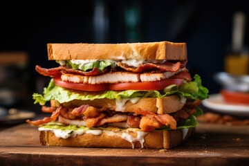 A side profile shot capturing the mouthwatering layers of a towering chicken club sandwich, complete with perfectly toasted bread, succulent grilled chicken, crispy bacon, fresh lettuce,