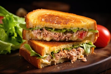 A closeup shot reveals a tantalizing tuna melt sandwich, showcasing a goldenbrown, crispy exterior with hints of melted cheese, nestled between two slices of toasted bread, along with thick - obrazy, fototapety, plakaty