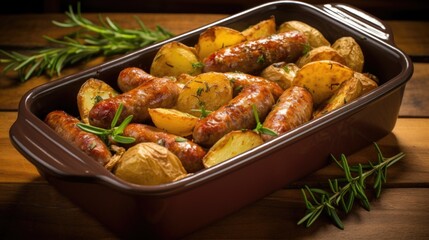 A droolworthy image showcasing a hearty sausage and potato casserole that is baked to perfection. The sausages, nestled ast layers of hearty potatoes, are perfectly browned, providing a