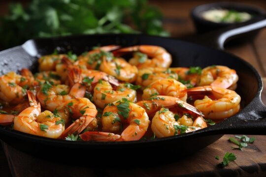 A visually appealing image capturing a platter of ery garlic shrimp, sizzling in a skillet, coated in a fragrant sauce and garnished with fresh parsley.