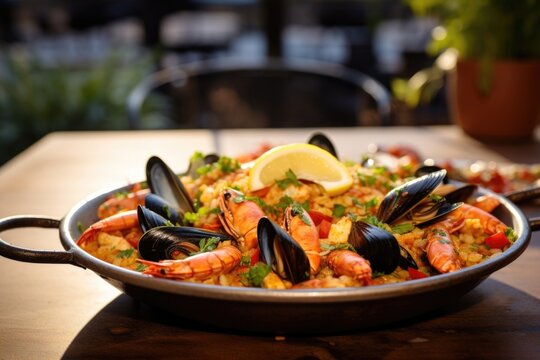 An exquisite image of a lavish seafood paella, infused with flavors of succulent duck chorizo, juicy shrimp, plump mussels, and saffroninfused rice, adorned with lemon wedges and a sprinkle