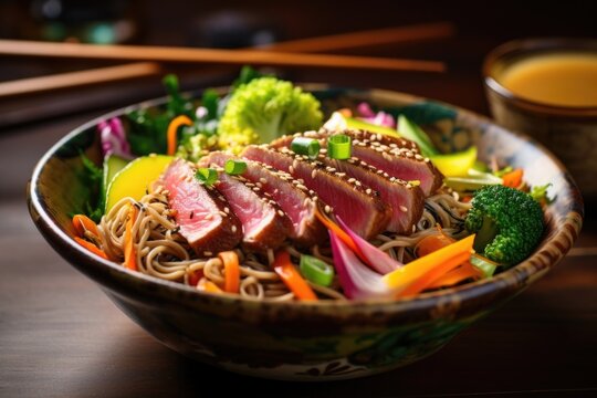 A mouthwatering image showcases a bowl of steaming hot soba noodles adorned with succulent slices of seared tuna, marinated in a delectable soy ginger glaze, complemented by a colorful array