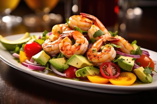 An enticing shot capturing a colorful shrimp and avocado salad, with juicy shrimp arranged atop a bed of vibrant mixed greens, cherry tomatoes, avocado slices, and a tangy citrus vinaigrette.