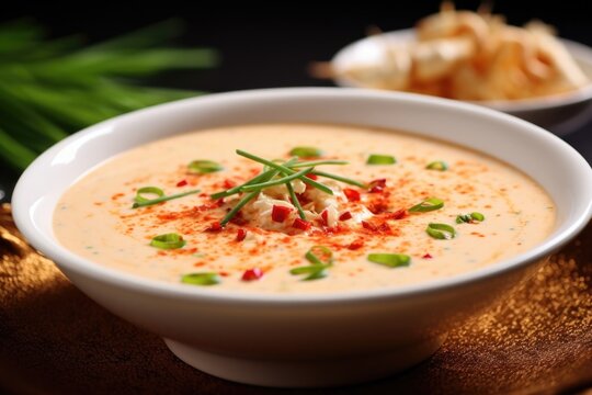An appetizing image captures a creamy crab bisque in a delicate white bowl, adorned with a swirl of rich cream, a sprinkling of chopped chives, and a sprinkle of red chili flakes for a hint