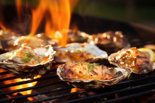 A tantalizing food shot showcasing a platter of grilled oysters. These charred beauties, still sizzling, are adorned with a smoky aroma. The golden shells offer a preview of the tender,