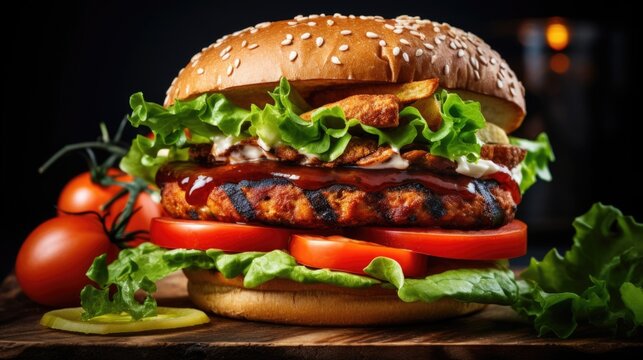 A tantalizing image showcasing a grilled tempeh burger, served on a lightly toasted bun. The tempeh patty is adorned with crisp lettuce, ripe tomato slices, tangy pickles, and drizzled with