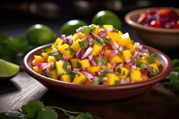 A visually striking shot of a vibrant mango salsa, b with diced tropical fruits, red onions, and y jalapenos, all bound together with a delightful hint of chopped coriander, creating a burst