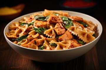 A bowl of comforting bowtie pasta takes center stage in this shot, tossed with a rich and velvety tomato cream sauce. The sauce envelops tender pieces of chicken and vibrant green spinach,