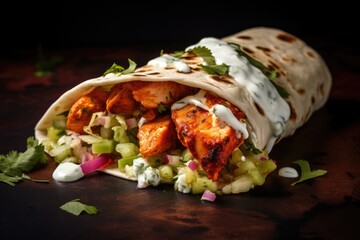 This shot showcases a heavenly fusion taco that combines the best of both worlds. A warm tortilla wraps around tender, y Indian curryinspired chicken tikka, raitainfused yogurt, and a refreshing