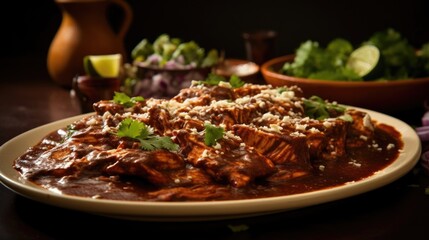 Shot from a side perspective, the image showcases a platter of enchiladas de mole, a traditional delight. The smoky aroma of mole sauce hangs enticingly in the air as corn tortillas lovingly