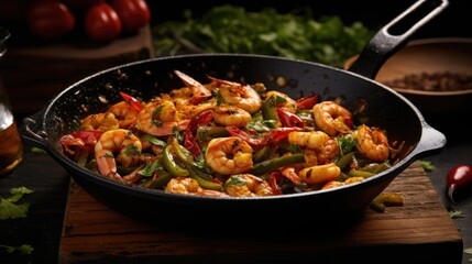 Fototapeta premium Capturing the essence of TexMex cuisine, this enticing photograph highlights succulent shrimp cooked to perfection, still glistening from the grill, paired with fireroasted poblano peppers
