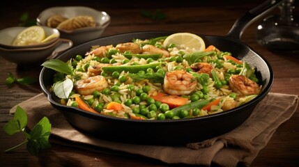 Exuding the flavors of spring, this seasonal paella incorporates tender baby artichokes, sweet peas, and vibrant fava beans, creating a delightful symphony of fresh, green flavors, all perfectly