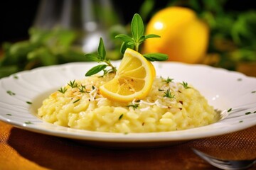 A visually pleasing shot captures the simplicity and beauty of a lemon risotto. Sprinkled with fragrant lemon zest, the risotto boasts a refreshing tanginess that is further enhanced by