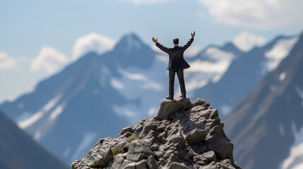 Miniature businessman wearing suit reaching top of the mountain.