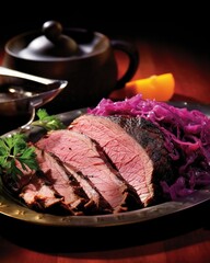 This tantalizing image showcases a plate adorned with sauerbraten, meticulously sliced into tender portions, and resting atop a bed of braised red cabbage. The vibrant colors of the cabbage,