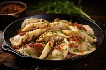 A topdown shot captures Pierogi being garnished with a generous sprinkle of crispy bacon bits. The...