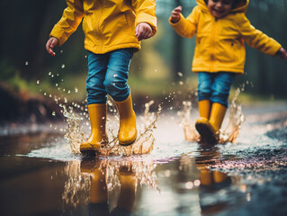 Kids wearing raining boots playing puddle with blurry background.