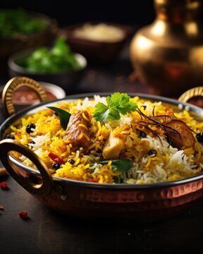 Closeup shot of a sumptuous fish biryani, highlighting a delicate blend of flaky fish chunks and aromatic basmati rice, enhanced with a special blend of coastal es, garnished with fried