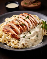 A captivating overhead shot that showcases the intricate details of this Chicken Alfredo dish. The pasta, cooked to perfection, is artistically intertwined, dressed in a luscious sauce that