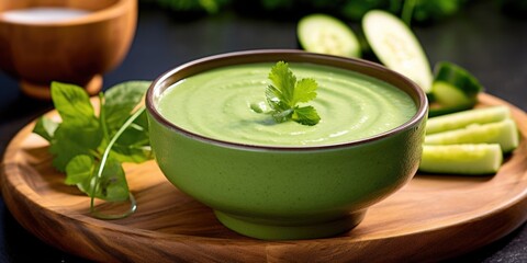 A vibrant green gazpacho, featuring a base of fresh cucumbers and avocado, accentuated with a touch...