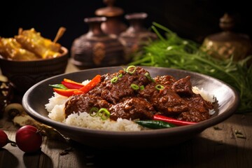 Through this photograph, the intricate ing of Beef Rendang comes to life, with each bite revealing a symphony of flavors that range from earthy to slightly sweet, showcasing the culinary