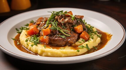 An elegant plate of osso buco, showcasing tender, braised veal shanks bathed in a rich, savory sauce made with red wine, tomatoes, carrots, onions, and aromatic herbs, served atop a bed