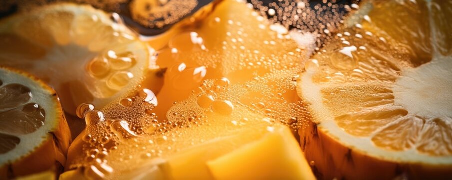 A macro shot captures the colorful composition of a Kombucha glass. The thinly sliced ginger root and chunks of juicy pineapple float amidst the effervescent liquid, creating a captivating