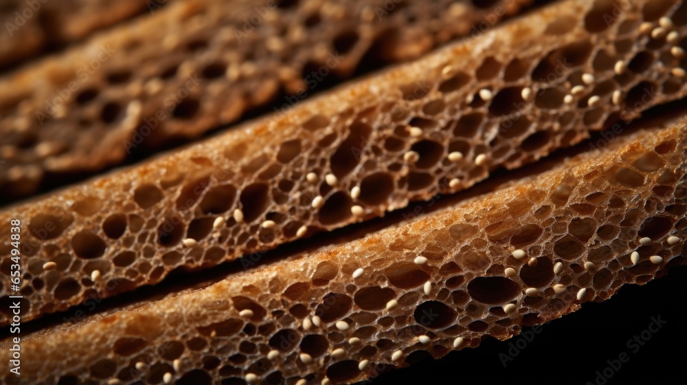 Poster a macro shot capturing the intricate patterns of a slice of glutenfree quinoa bread. the perfect den