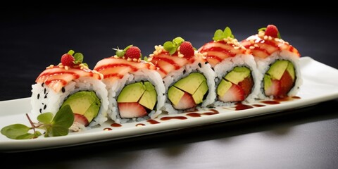 Indulge your taste buds with this refreshing sushi roll, featuring a medley of tantalizing ingredients such as ery yellowtail, juicy strawberries, and aromatic basil leaves, beautifully