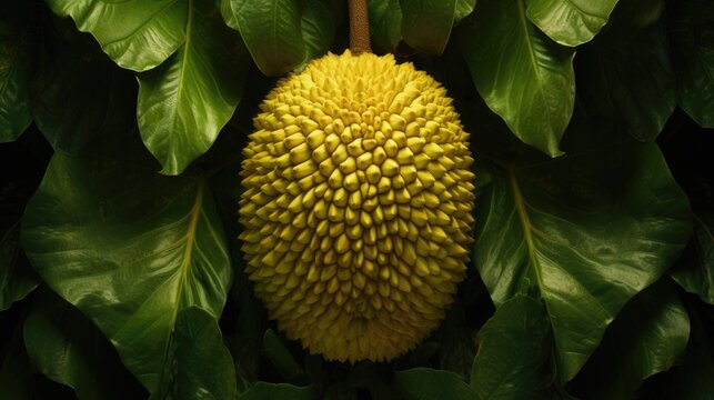 An overhead shot of an exotic jackfruit, showcasing its oblong shape and bly green skin. When od, the fruit reveals an abundance of goldenyellow, y pods that are mildly sweet and have a