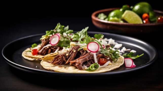 The enticing aroma of slowbraised short ribs permeates this gourmet taco image. A corn tortilla cradles succulent shredded beef, expertly cooked to tender perfection. Tucked alongside are